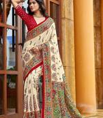cream off white tussar silk ethnic printed traditional wear matching blouse sarees