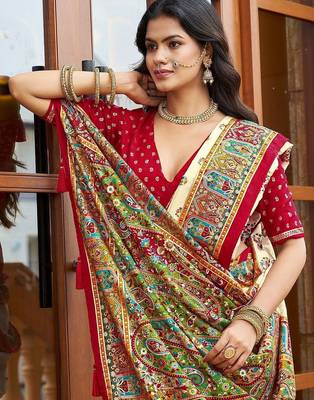 cream off white tussar silk ethnic printed traditional wear matching blouse sarees 2