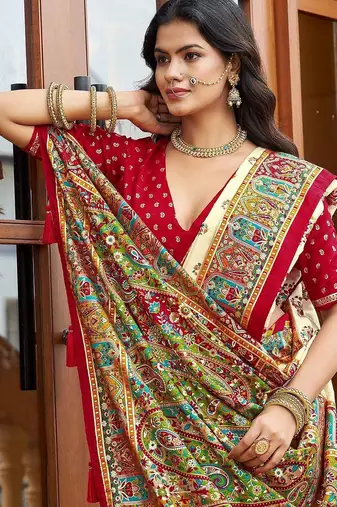 cream off white tussar silk ethnic printed traditional wear matching blouse sarees