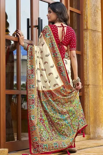 cream off white tussar silk ethnic printed traditional wear matching blouse sarees