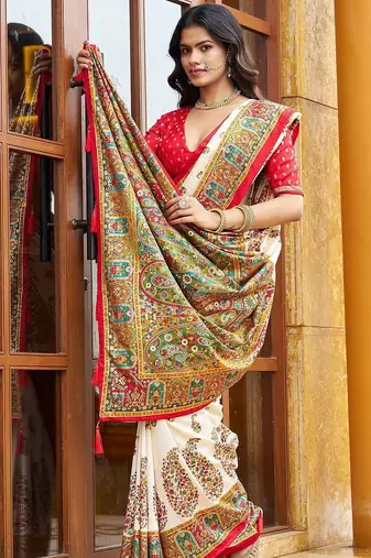 cream off white tussar silk ethnic printed traditional wear matching blouse sarees