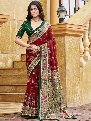 maroon maroon tussar silk ethnic printed traditional wear matching blouse sarees 1