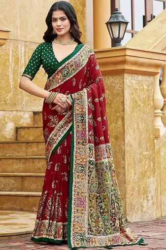 maroon maroon tussar silk ethnic printed traditional wear matching blouse sarees