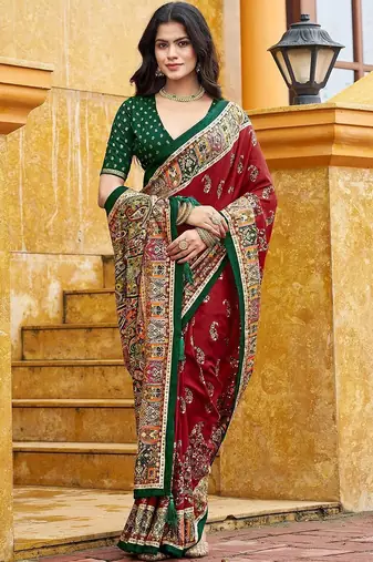 maroon maroon tussar silk ethnic printed traditional wear matching blouse sarees