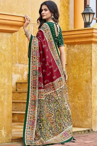 maroon maroon tussar silk ethnic printed traditional wear matching blouse sarees