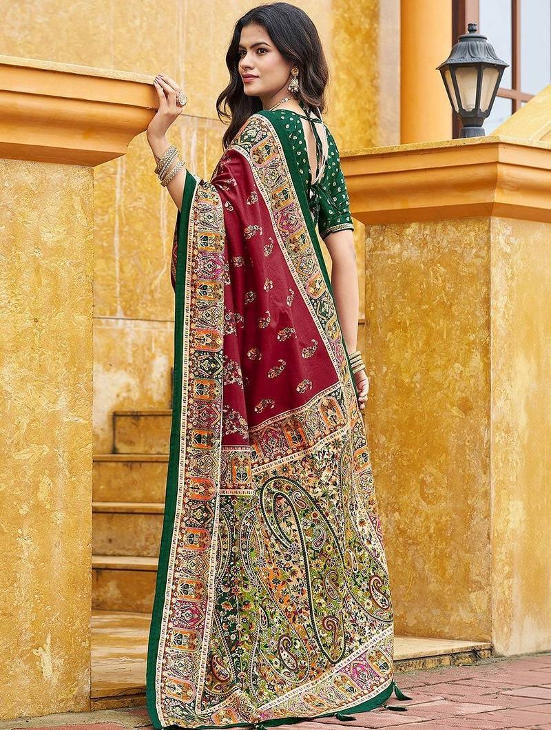 maroon maroon tussar silk ethnic printed traditional wear matching blouse sarees