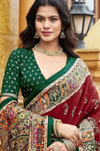 maroon maroon tussar silk ethnic printed traditional wear matching blouse sarees