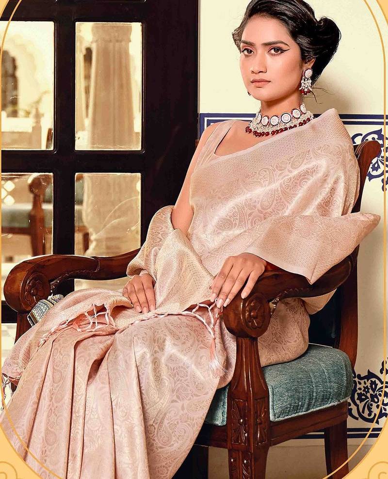 peach woven design zari kanjeevaram saree