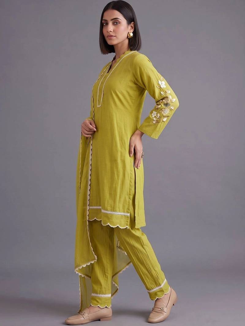 women ethnic motifs embroidered regular thread work kurta with trousers & with dupatta