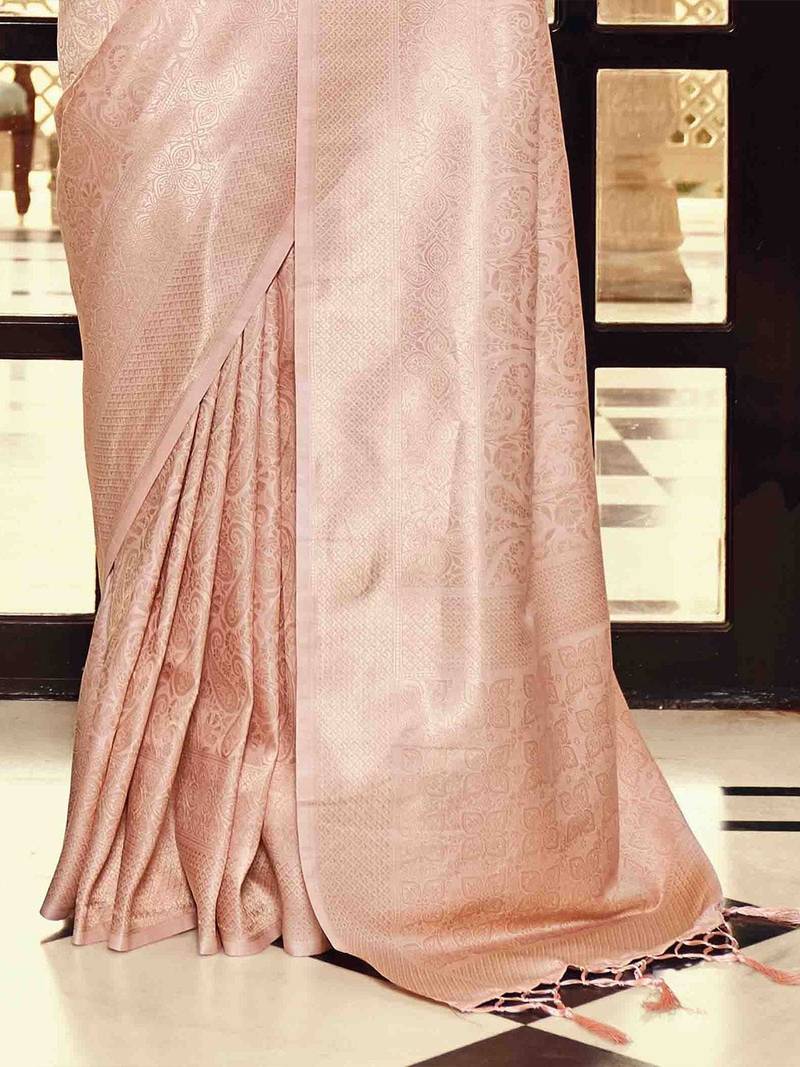 peach woven design zari kanjeevaram saree