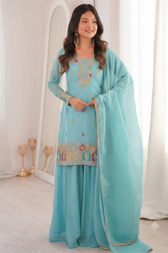 Sky blue embroidered kurta with sharara & dupatta set