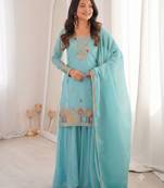 Sky blue embroidered kurta with sharara & dupatta set