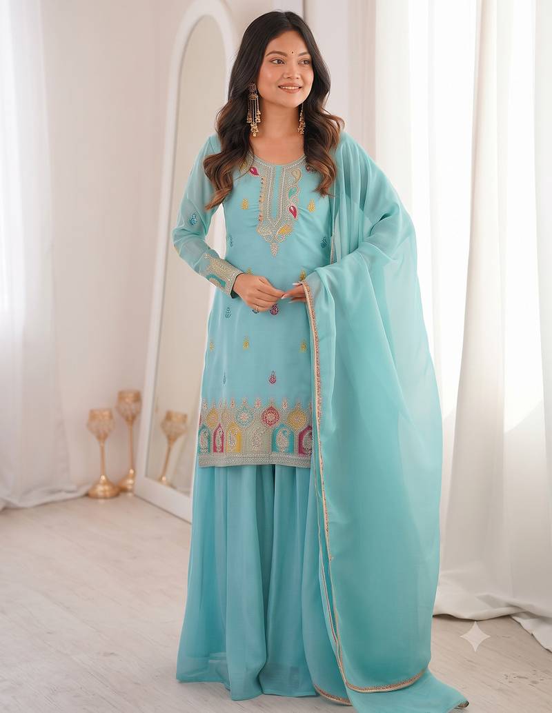 Sky blue embroidered kurta with sharara & dupatta set