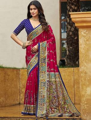 red pink tussar silk ethnic printed traditional wear matching blouse sarees 1