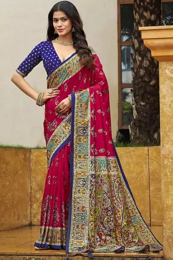 red pink tussar silk ethnic printed traditional wear matching blouse sarees