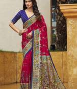red pink tussar silk ethnic printed traditional wear matching blouse sarees