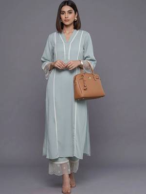women ethnic motifs regular thread work silk crepe kurta with trousers 1