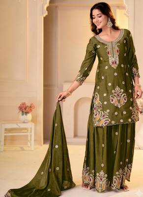 Mehendi green embroidered kurti with sharara and dupatta set for women 3