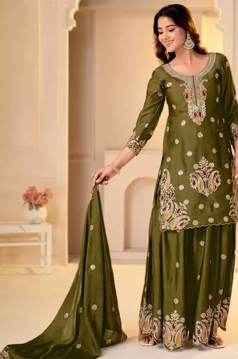 Mehendi green embroidered kurti with sharara and dupatta set for women