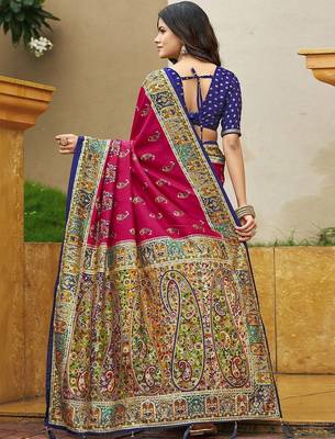 red pink tussar silk ethnic printed traditional wear matching blouse sarees 2