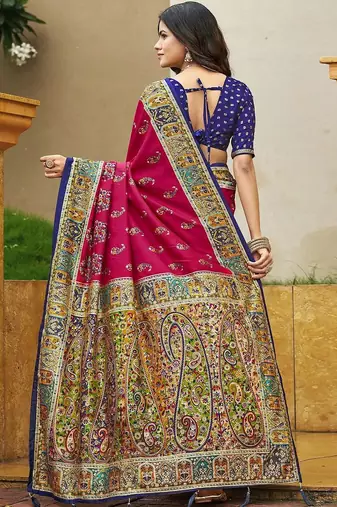 red pink tussar silk ethnic printed traditional wear matching blouse sarees