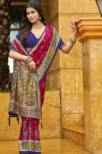 red pink tussar silk ethnic printed traditional wear matching blouse sarees