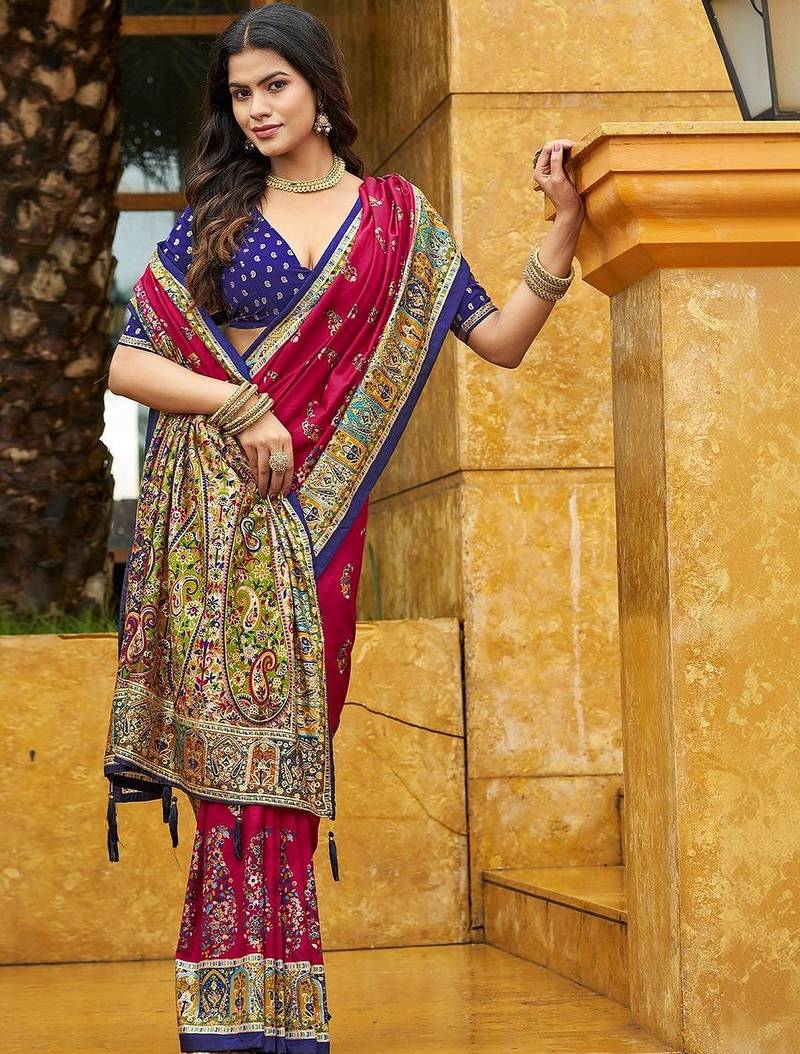red pink tussar silk ethnic printed traditional wear matching blouse sarees