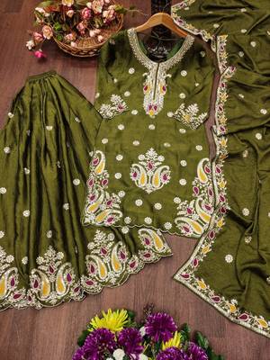 Mehendi green embroidered kurti with sharara and dupatta set for women 4