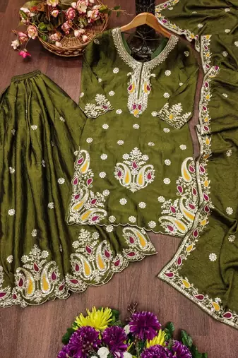 Mehendi green embroidered kurti with sharara and dupatta set for women