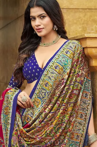 red pink tussar silk ethnic printed traditional wear matching blouse sarees