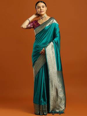 teal ethnic motifs  embellished woven design banarasi silk saree with blouse 1