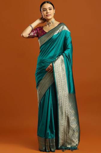 teal ethnic motifs  embellished woven design banarasi silk saree with blouse