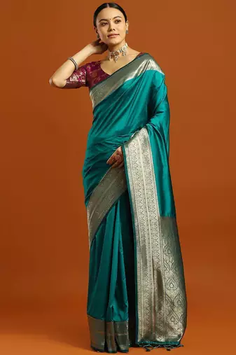 teal ethnic motifs  embellished woven design banarasi silk saree with blouse