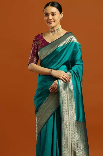 teal ethnic motifs  embellished woven design banarasi silk saree with blouse