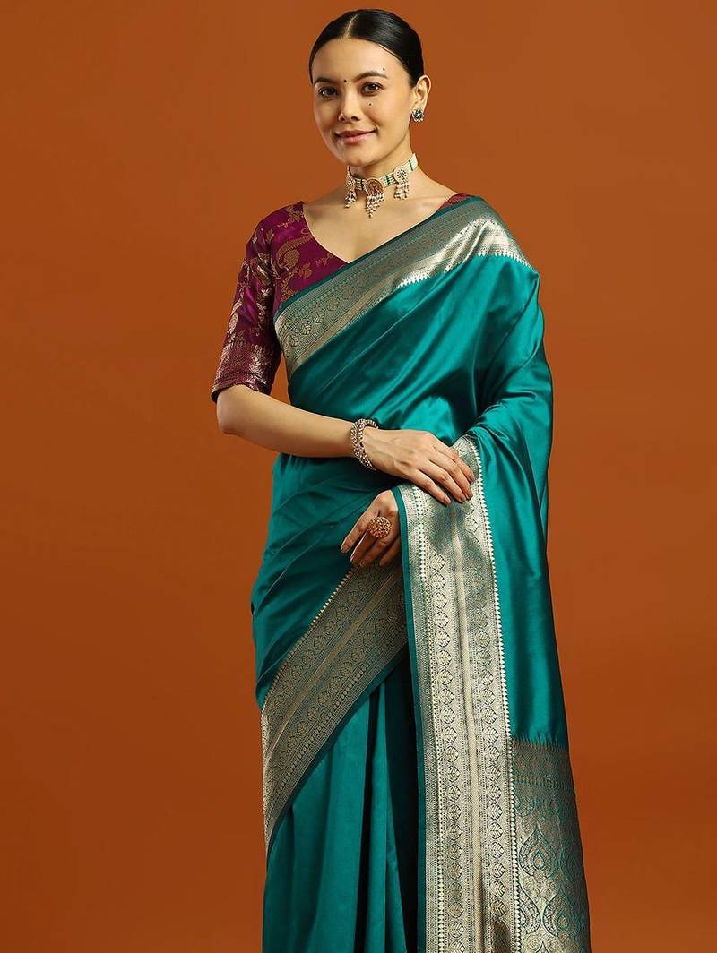 teal ethnic motifs  embellished woven design banarasi silk saree with blouse