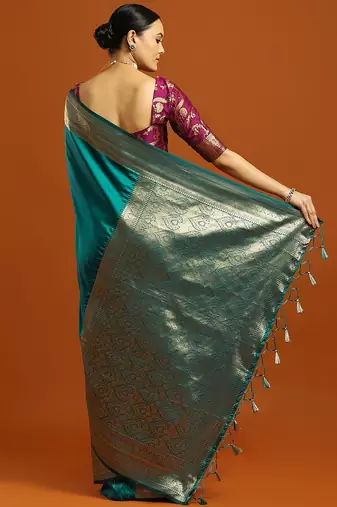 teal ethnic motifs  embellished woven design banarasi silk saree with blouse