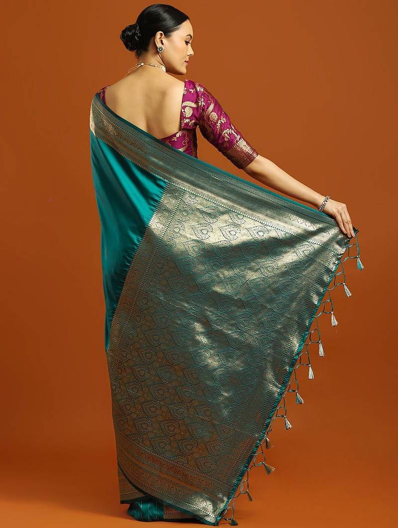 teal ethnic motifs  embellished woven design banarasi silk saree with blouse