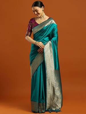 teal ethnic motifs  embellished woven design banarasi silk saree with blouse 4