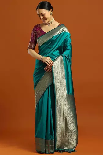 teal ethnic motifs  embellished woven design banarasi silk saree with blouse