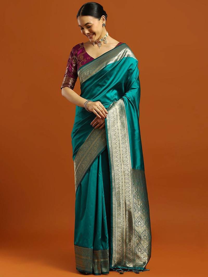 teal ethnic motifs  embellished woven design banarasi silk saree with blouse