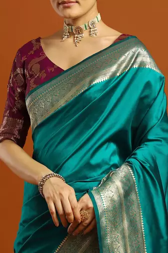 teal ethnic motifs  embellished woven design banarasi silk saree with blouse