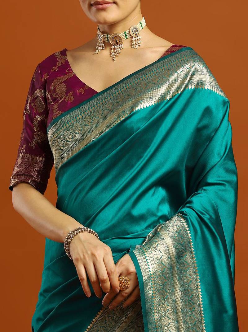 teal ethnic motifs  embellished woven design banarasi silk saree with blouse