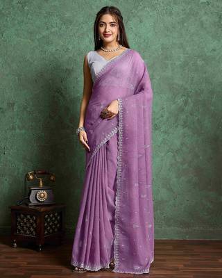 purple ethnic motifs embroidered pure chiffon saree 1