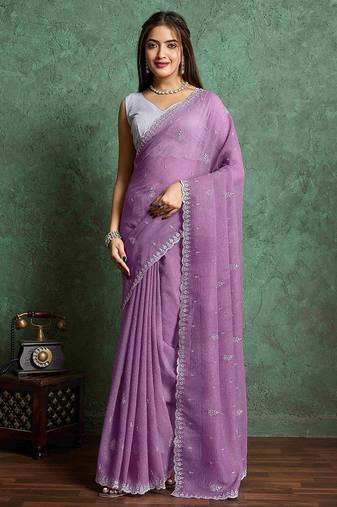 purple ethnic motifs embroidered pure chiffon saree