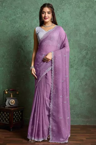 purple ethnic motifs embroidered pure chiffon saree