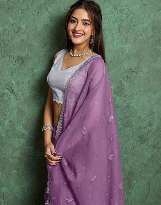 purple ethnic motifs embroidered pure chiffon saree 2