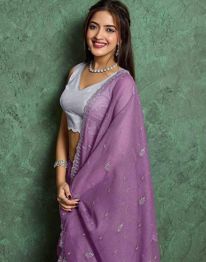 purple ethnic motifs embroidered pure chiffon saree