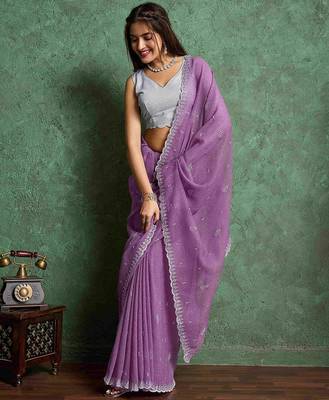 purple ethnic motifs embroidered pure chiffon saree 3