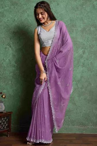 purple ethnic motifs embroidered pure chiffon saree