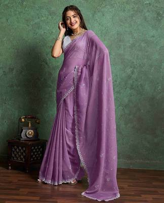 purple ethnic motifs embroidered pure chiffon saree 4